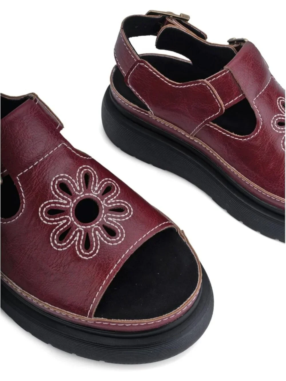 Women's Burgundy Flat Open Toe Flower Decoration Fisherman Platform Sandal Shoes
